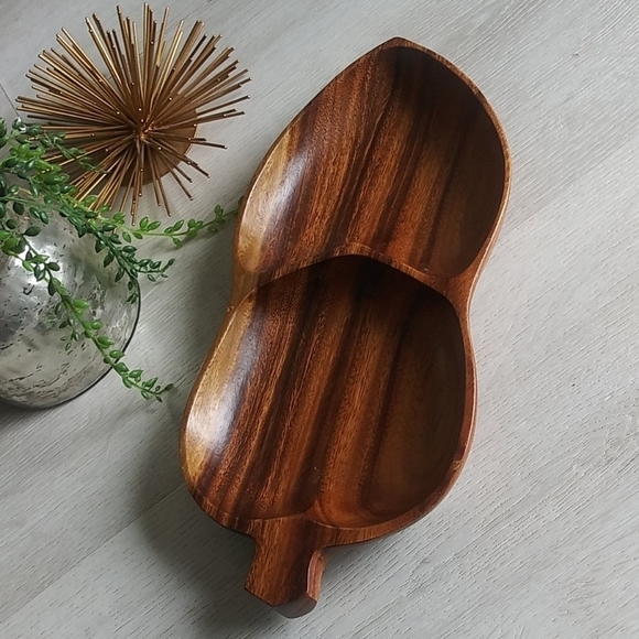 Vintage Leilani Monkey-Pod Wood Tray leaf divided - Picture 8 of 8